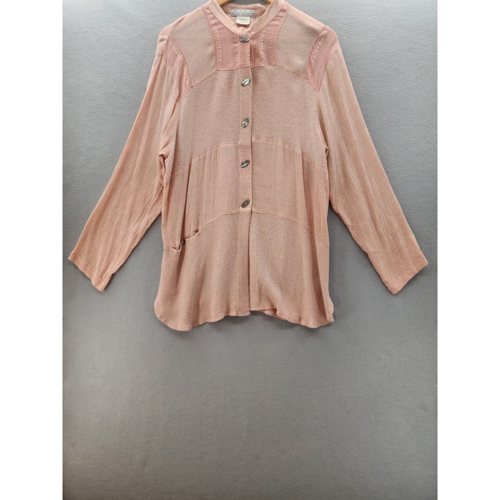 Nino Wong California Lagenlook Mixed Media Blouse Salmon Pink Shell Button Large
